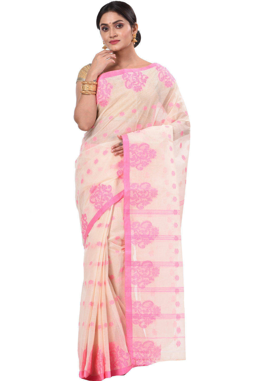 Pink Pure Cotton Botgach Tant Saree (518)